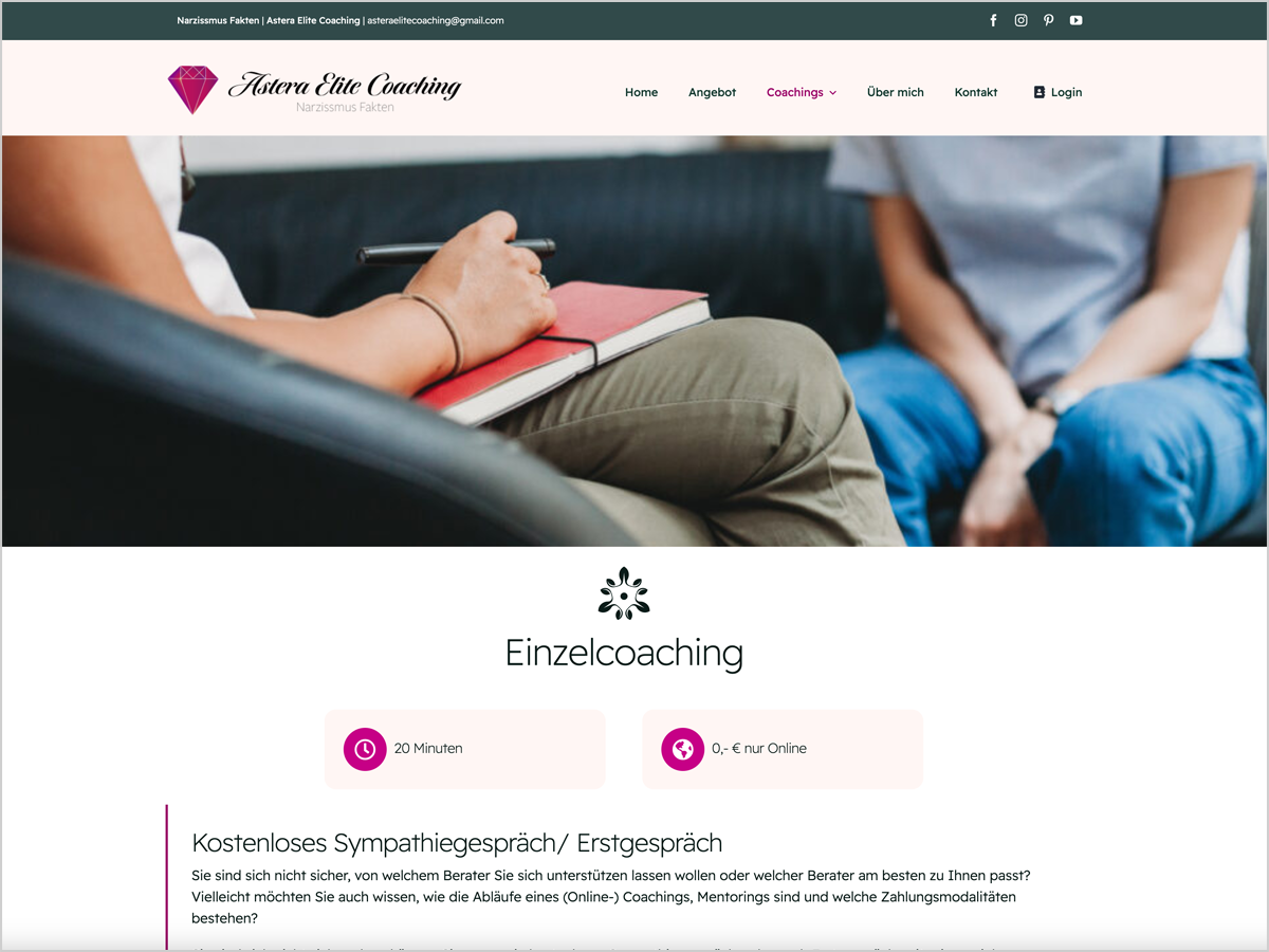 Einzelcoaching-Seite von Astera Elite Coaching, die ein kostenloses Sympathiegespräch und Informationen zum Coaching-Angebot präsentiert.