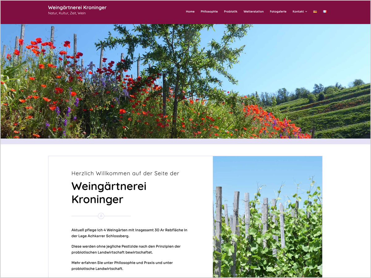 Startseite der Weingärtnerei Kroninger mit Weinbergen und Informationen über probiotische Landwirtschaft und nachhaltigen Weinanbau.