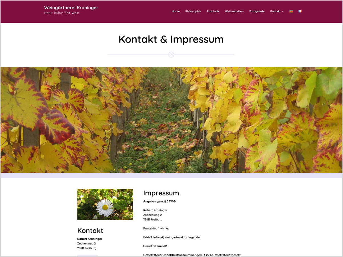 Kontakt- und Impressumsseite der Weingärtnerei Kroninger mit herbstlichen Weinreben und den Kontaktinformationen von Robert Kroninger.