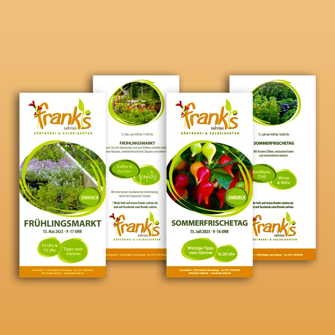 Frank’s Salvias – Veranstaltungs-Flyer 2023 Veranstaltungs-Flyer für Frank’s Salvias in Umkirch: Frühlingsmarkt und Sommerfrischetag 2023, gestaltet von debeuf grafikdesign