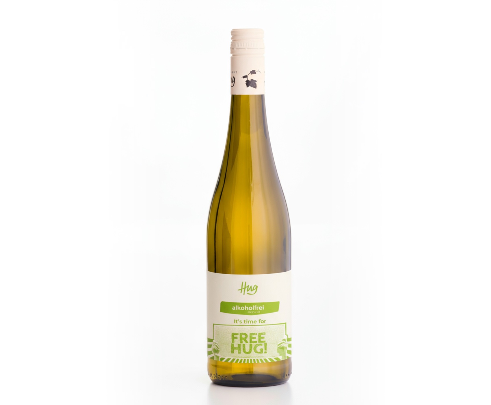 Flaschenetikett „Free Hug“ für den alkoholfreien Wein vom Bio-Weingut Hug in Pfaffenweiler