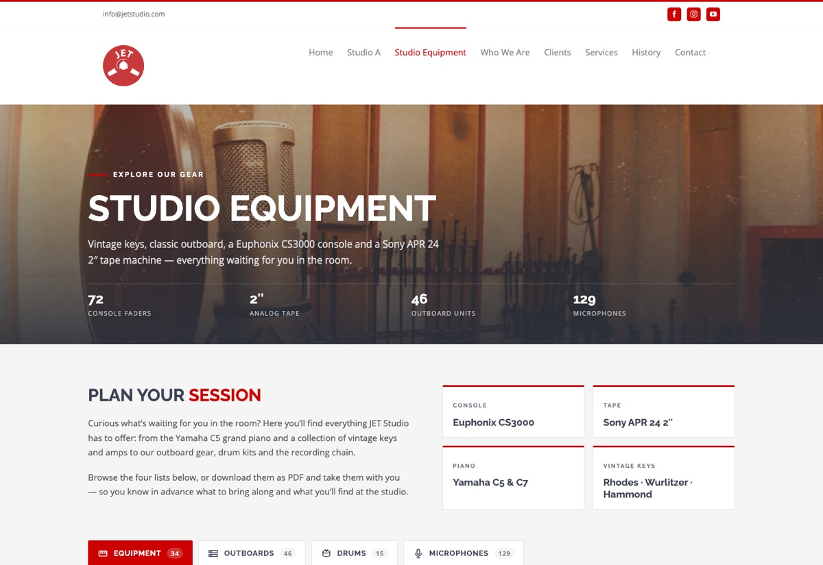 Seite Studio Equipment auf der Website des Jet Studio in Brüssel