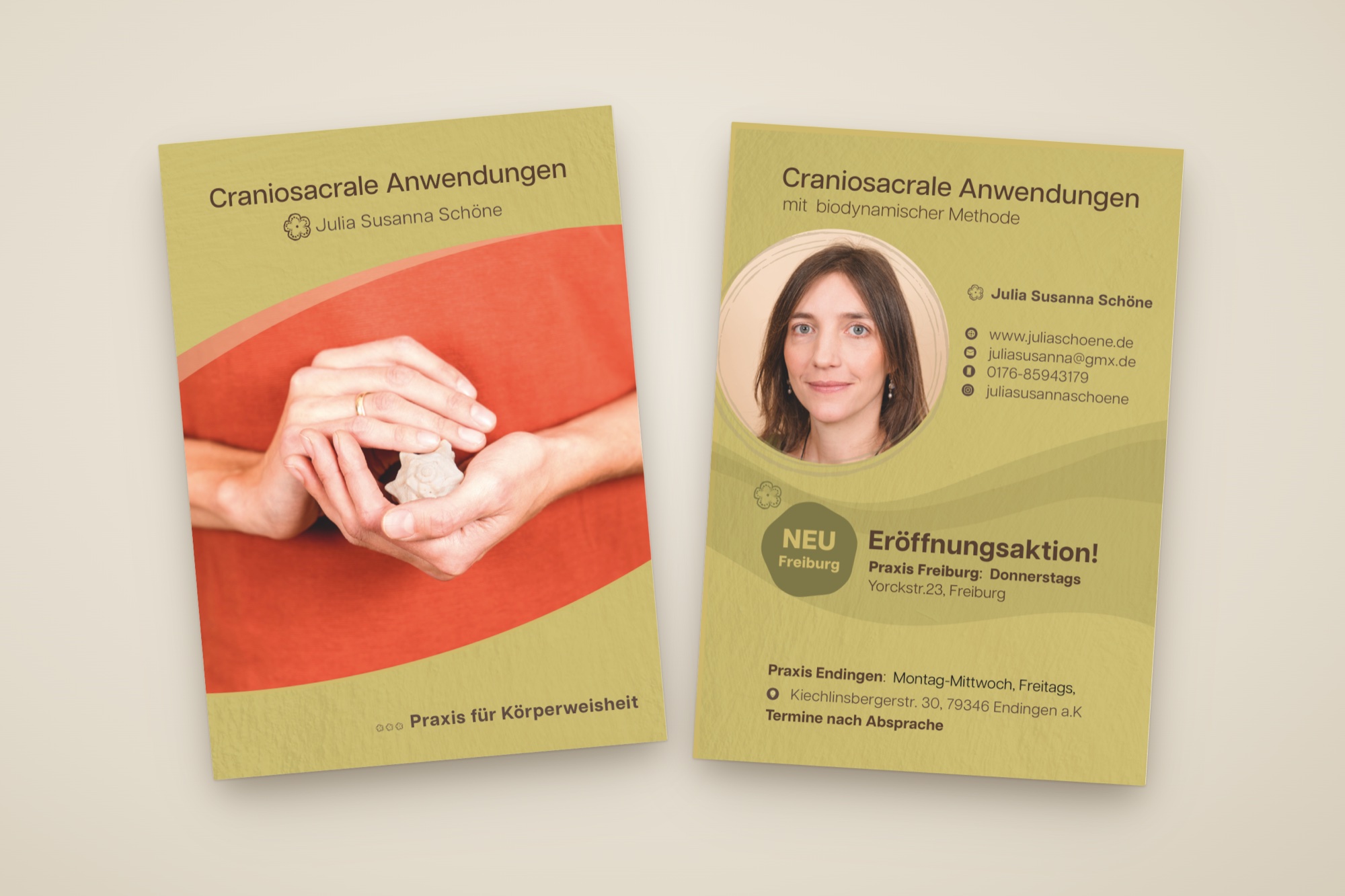 Flyer 2025 für Julia Susanna Schöne, Craniosacrale Anwendungen in Freiburg – Corporate Design von debeuf grafikdesign