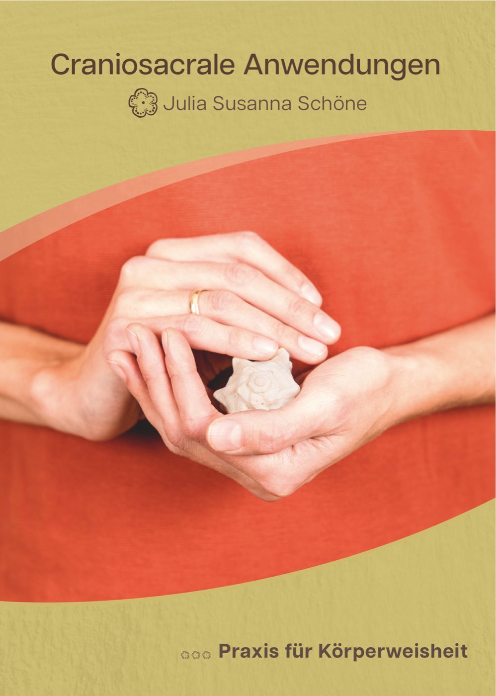 Vorderseite des Flyers „Praxis für Körperweisheit“ von Julia Susanna Schöne, Freiburg, in Grün und Orange