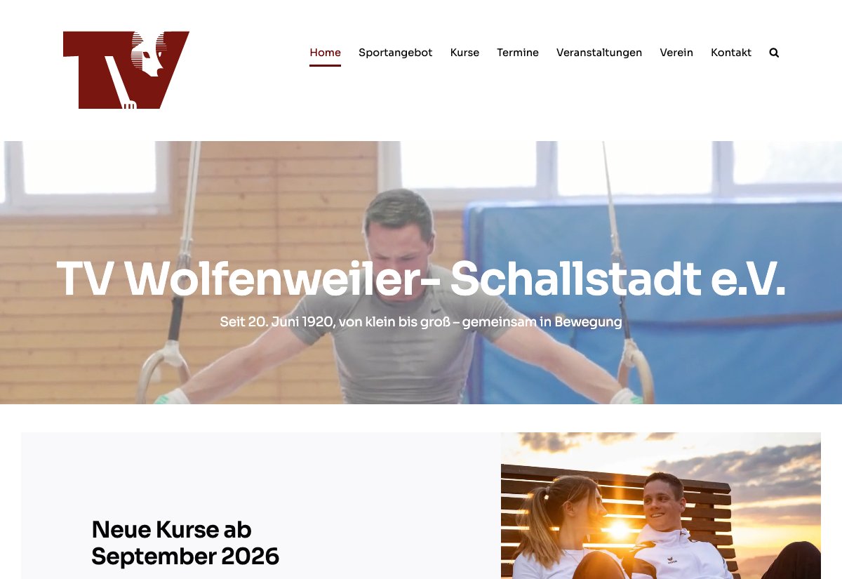 Startseite der Vereinswebsite des TV Wolfenweiler-Schallstadt, Webdesign von debeuf grafikdesign