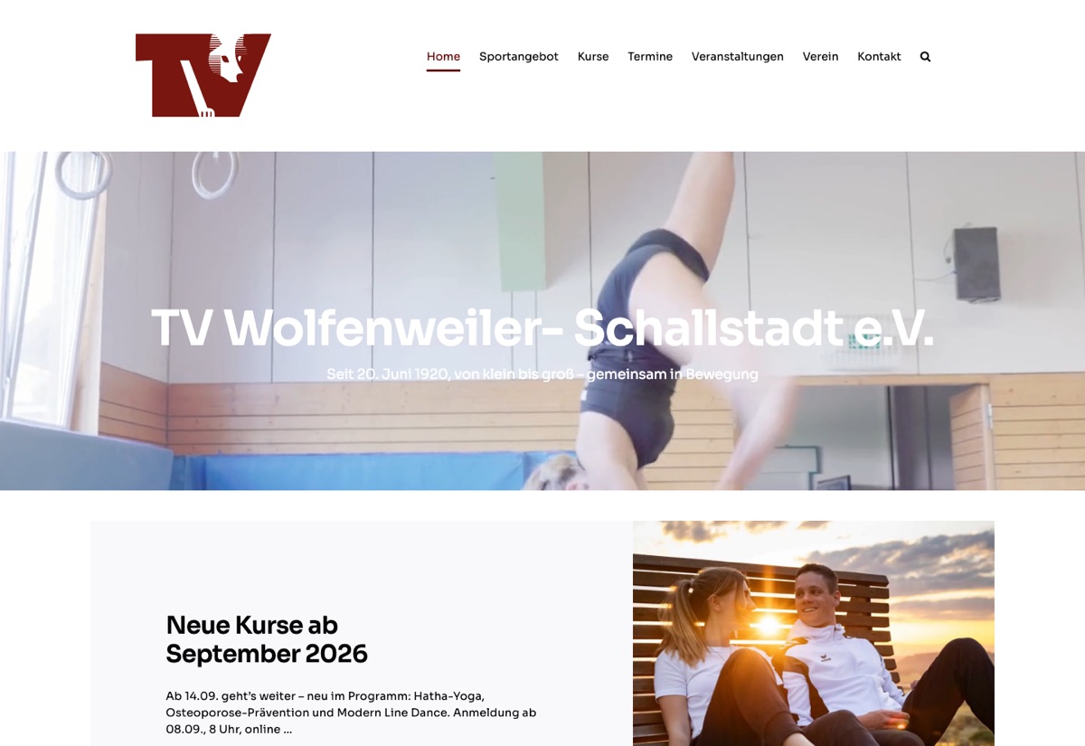 Startseite der Vereinswebsite des TV Wolfenweiler-Schallstadt, Webdesign von debeuf grafikdesign